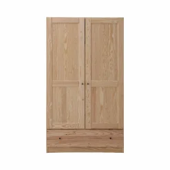 Armoire bois massif 2 portes 1 tiroir Iris - Brut - Poignées Noir