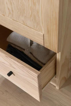 Armoire bois massif 2 portes 1 tiroir Iris - Brut - Poignées Noir