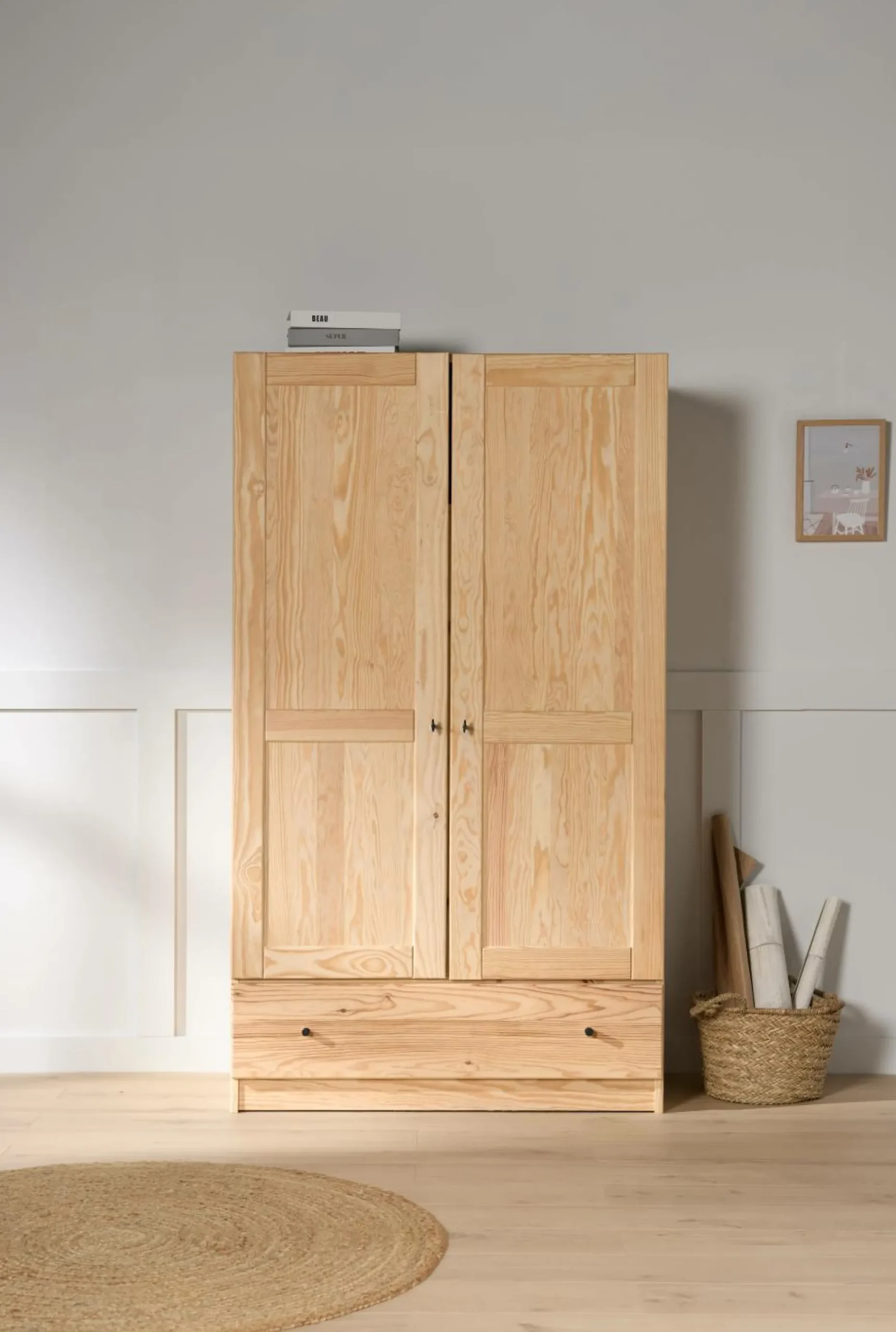 Armoire bois massif 2 portes 1 tiroir Iris - Naturel - Poignées Noir