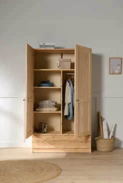 Armoire bois massif 2 portes 1 tiroir Iris - Naturel - Poignées Bois