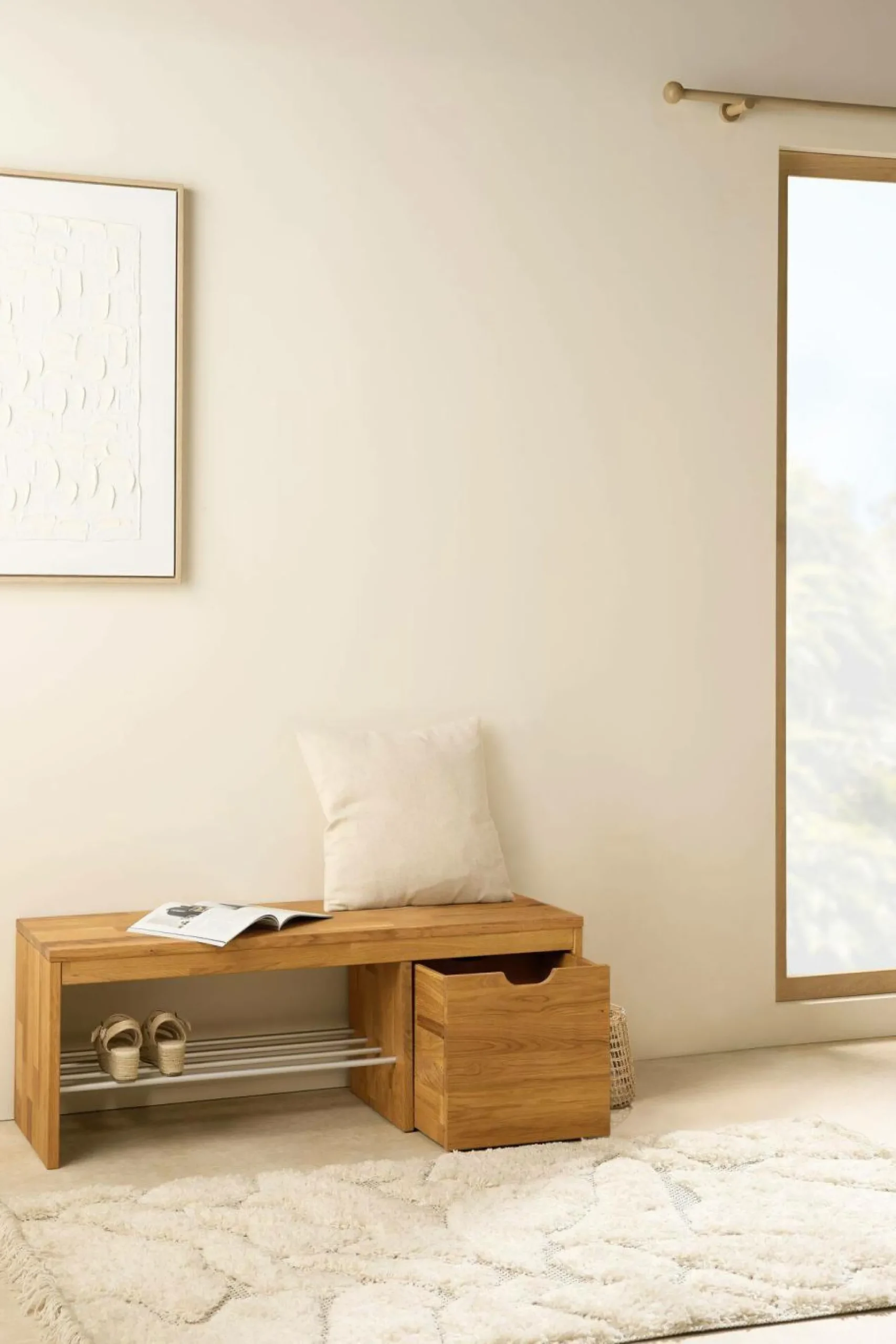 Banc à chaussures bois massif avec 1 cube de rangement Cyriel - Chêne Massif