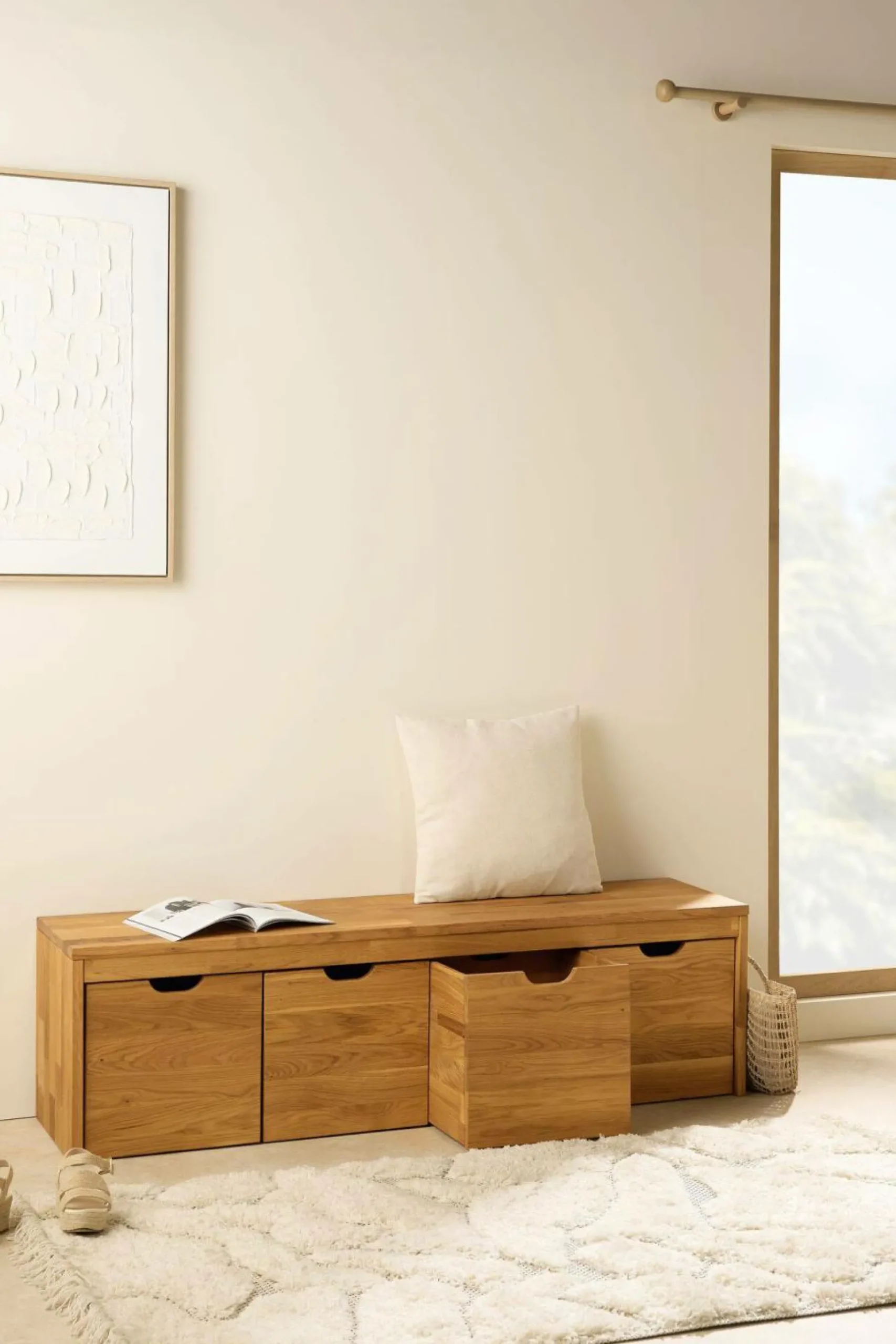 Banc bois massif 4 cubes de rangement Cyriel - Chêne Massif