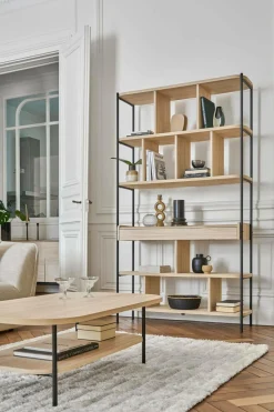 Bibliothèque décor bois pieds métal avec tiroir Mila