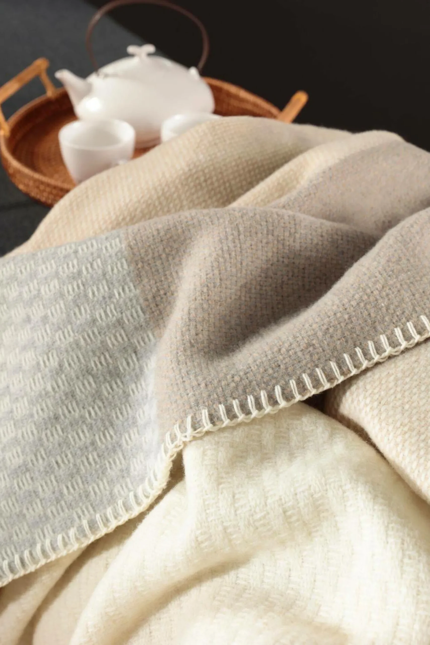 BIEDERLACK Plaid laine mérinos Béryl - Ecru - 150 x 200 cm