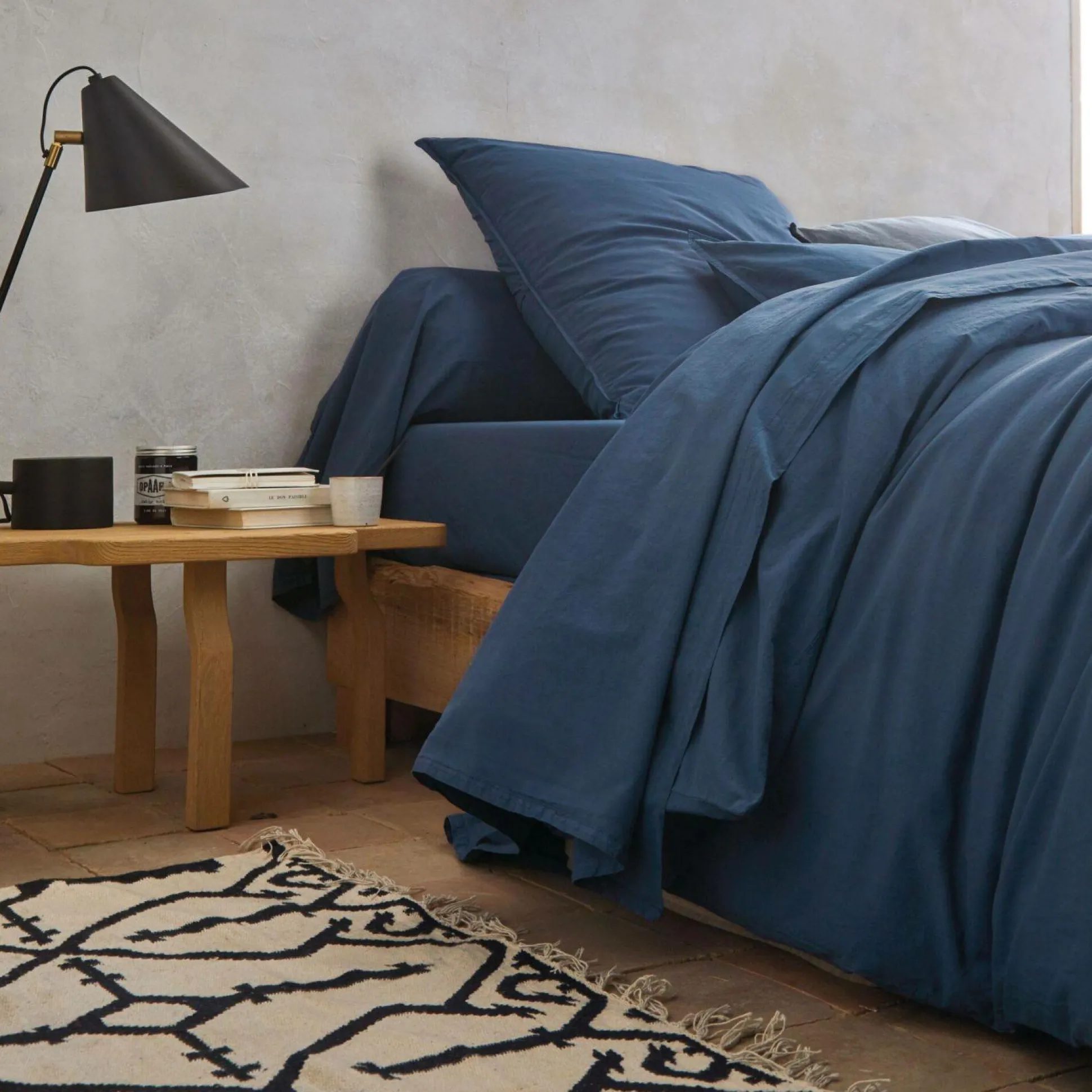 BLANC DES VOSGES Drap housse percale lavée Bohème - Indigo - 140 x 190 cm