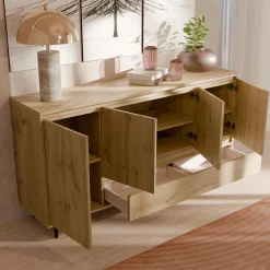 Buffet 4 portes 1 tiroir décor bois Gustavo - Chêne naturel