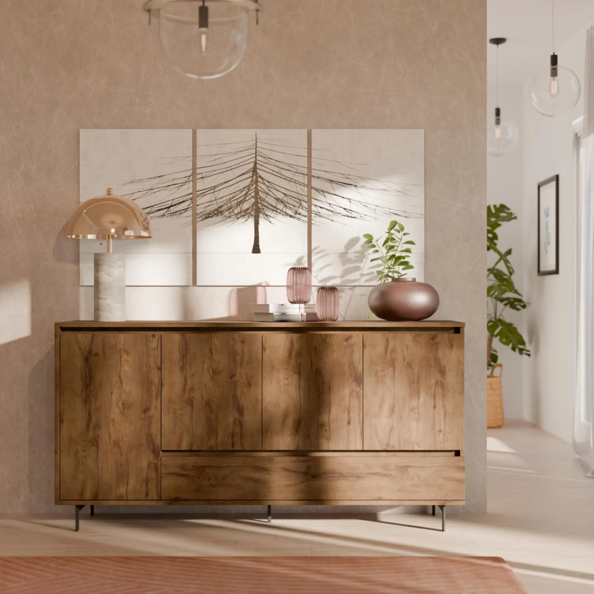 Buffet 4 portes 1 tiroir décor bois Gustavo - Noyer