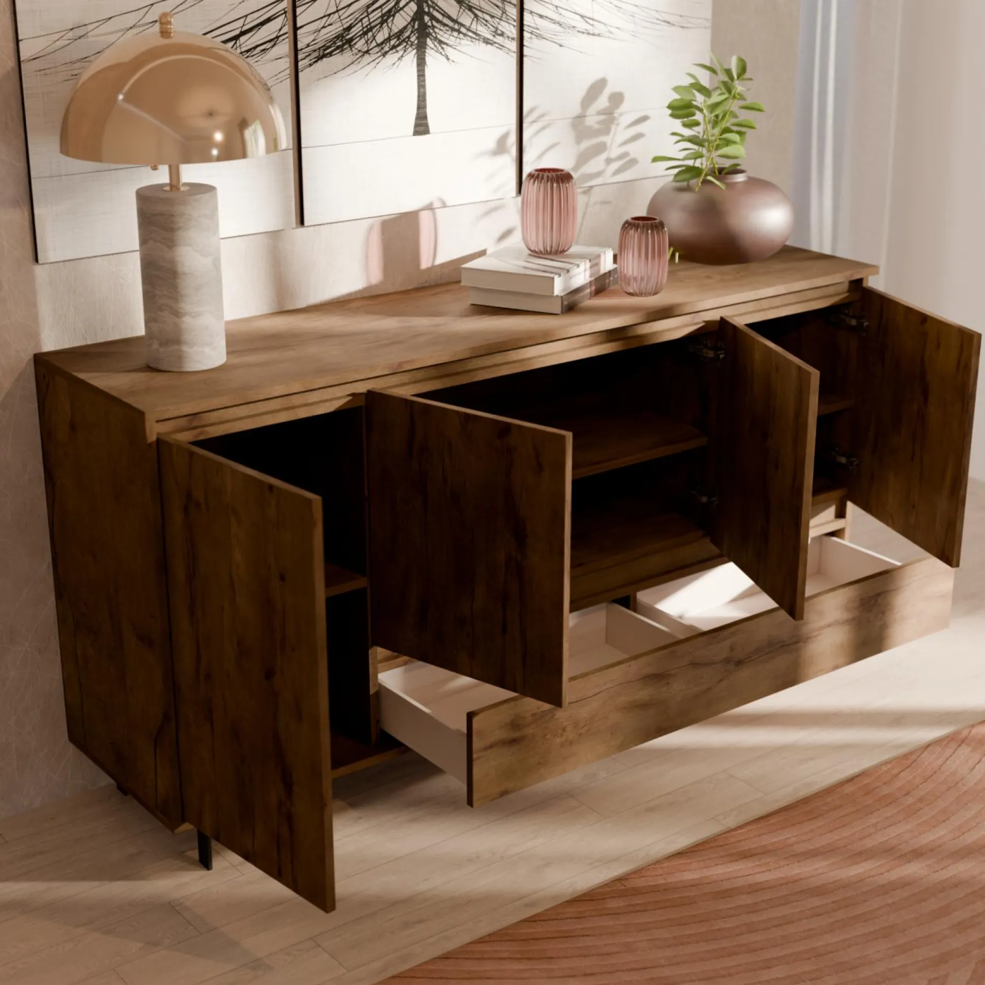 Buffet 4 portes 1 tiroir décor bois Gustavo - Noyer