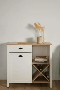 Buffet bas blanc et décor bois 1 porte 1 tiroir Pivoine