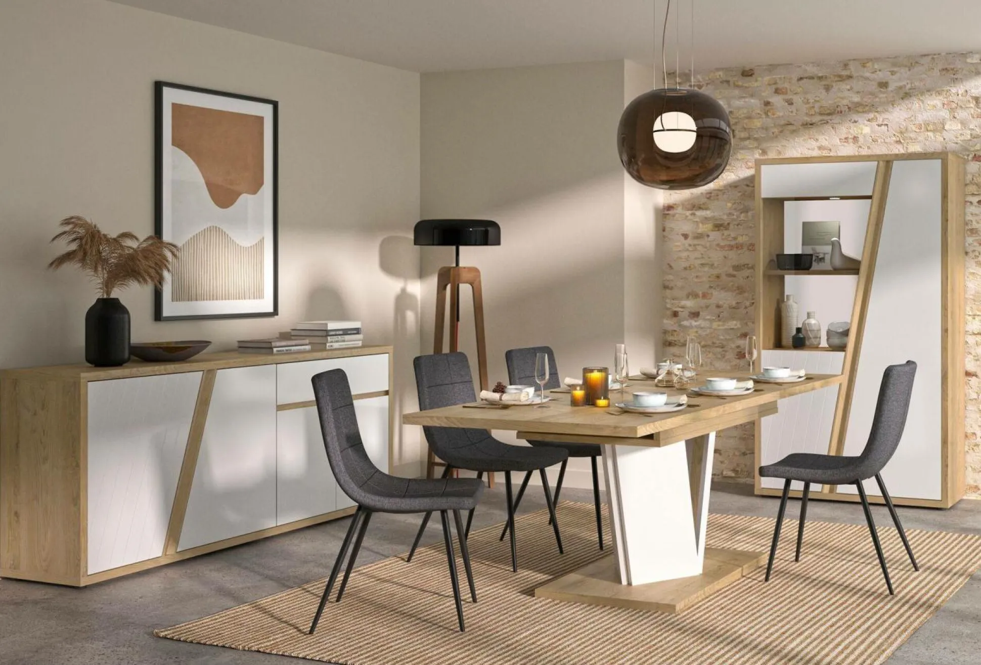 Buffet décor bois et blanc 4 portes 1 tiroir Gustave