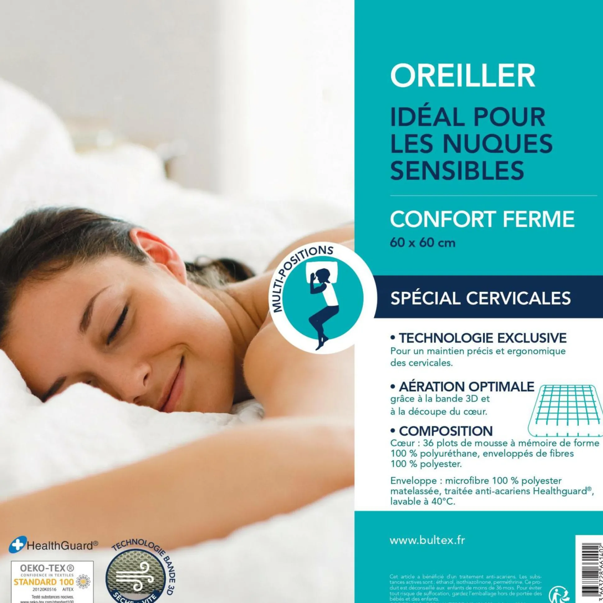 BULTEX Oreiller ferme en mousse à mémoire de forme Spécial Cervicales - 60 x 60 cm