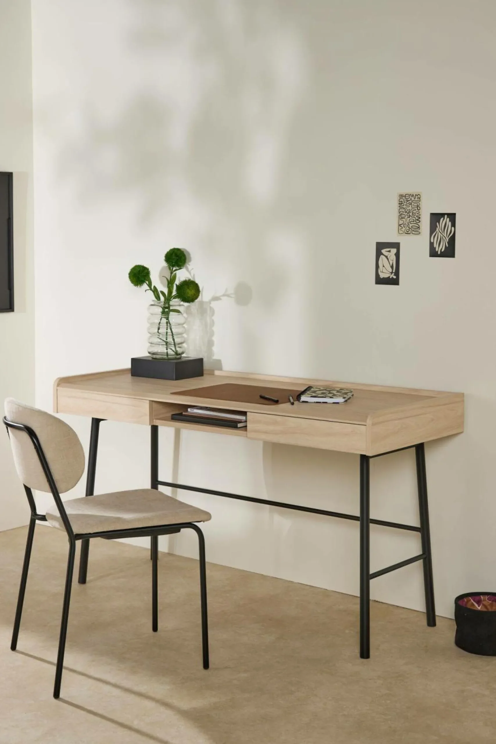 Bureau décor bois pieds métal 2 tiroirs Mila