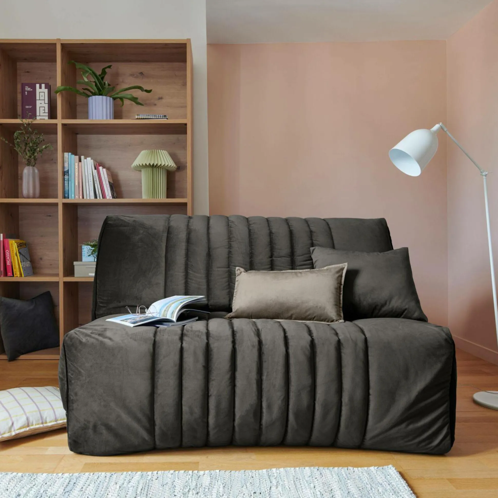 Canapé BZ velours matelas 15 cm Oriane - Gris - Matelas mousse HR
