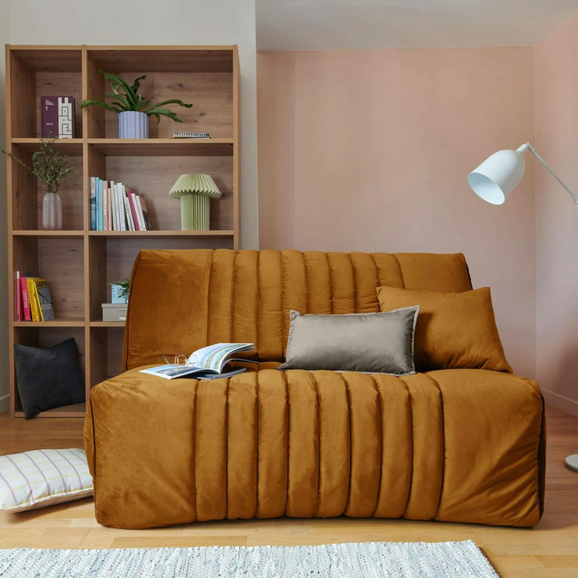 Canapé BZ velours matelas 15 cm Oriane - Jaune Mordoré - Matelas mousse HR