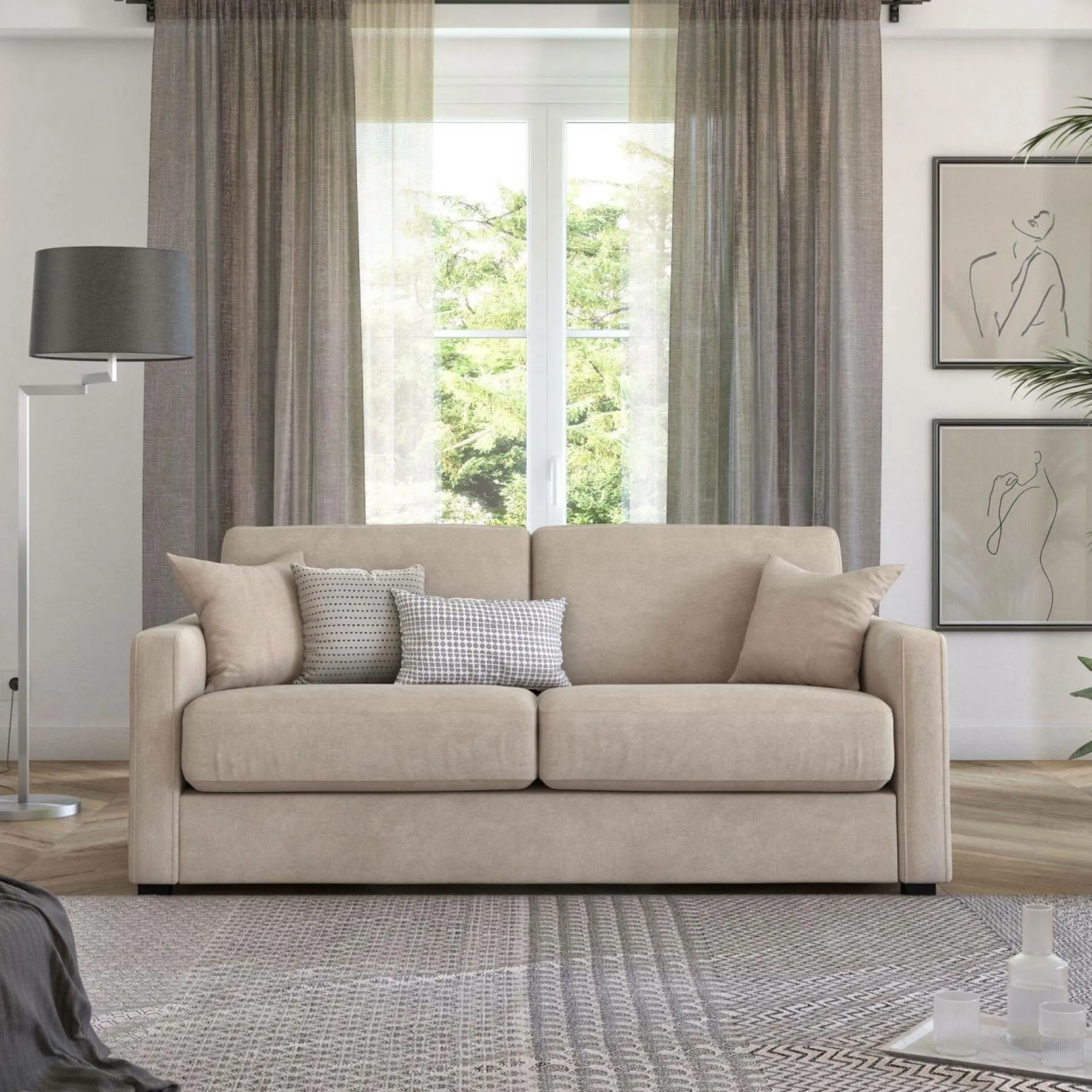 Canapé convertible tissu Parme - Grège - 3 places