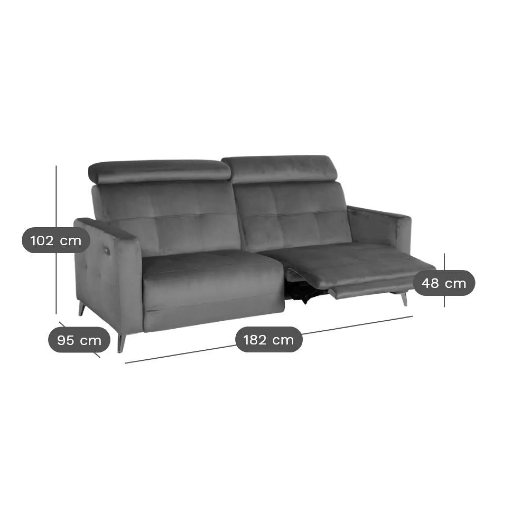 Canapé relax électrique velours Cheverny - Gris Anthracite - Grand 2 places