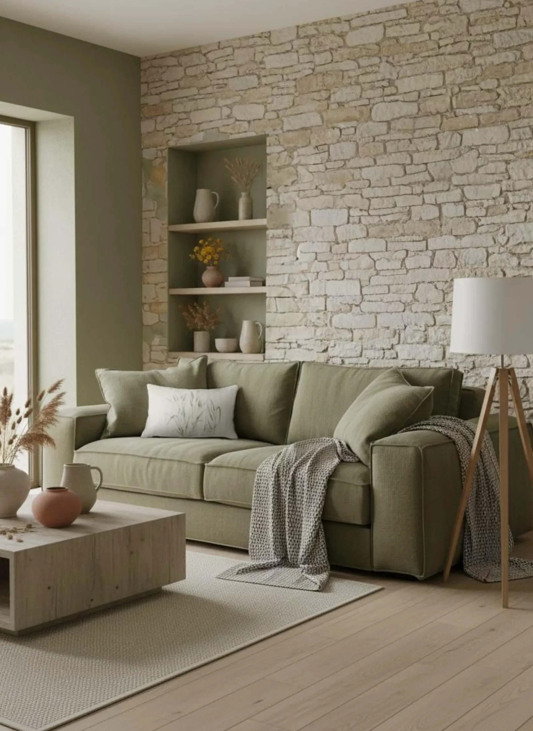 Canapé tissu effet lin Martin - Vert Olive - 3 places