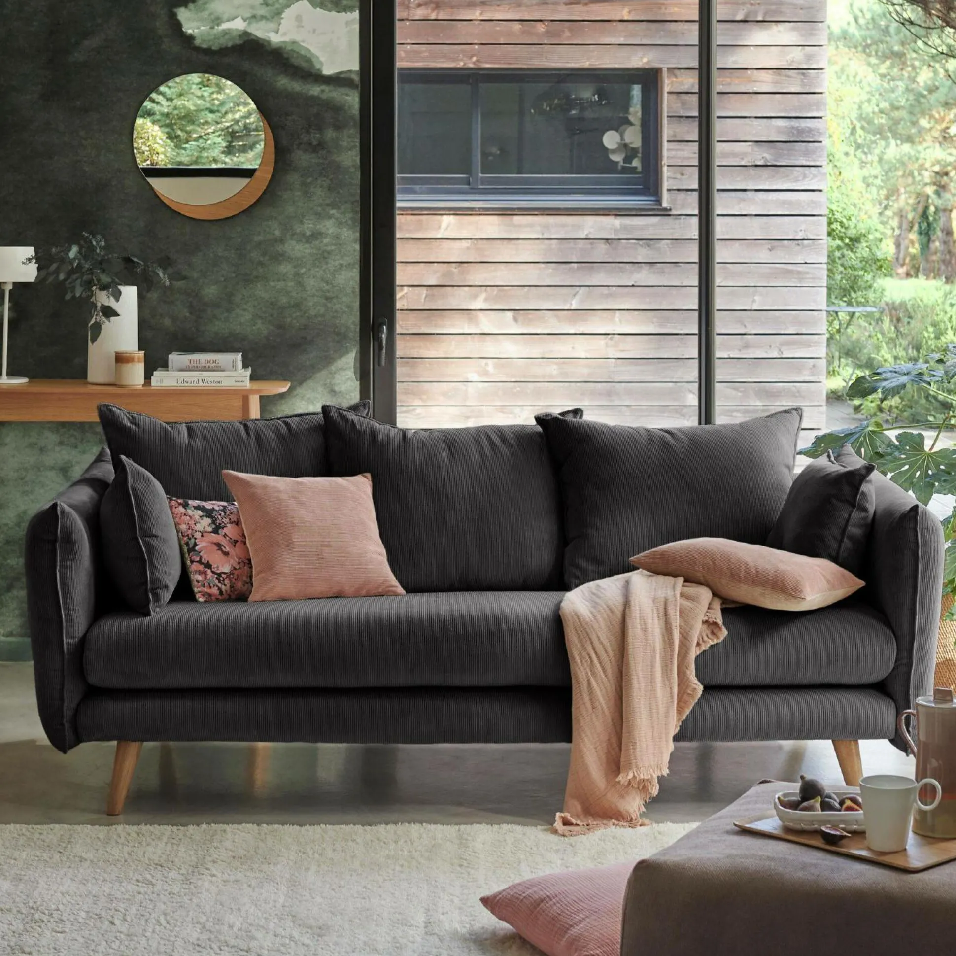 Canapé velours côtelé Orion - Anthracite - 2 places