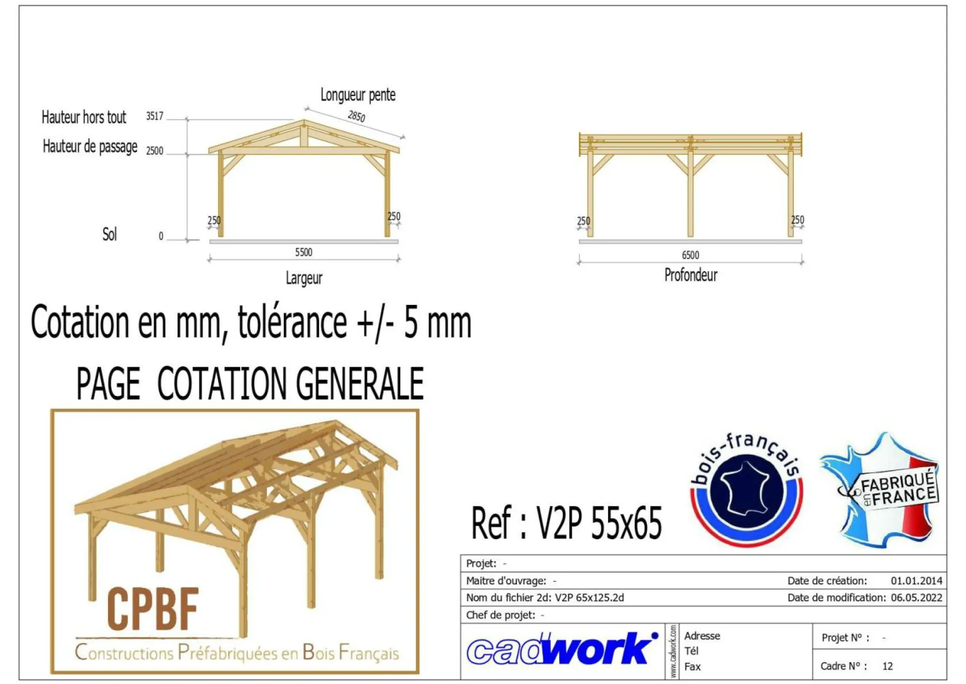 CPBF-CHARPENTES Abri deux Pentes pour Voiture Bourgogne en Bois - 550 x 650 cm