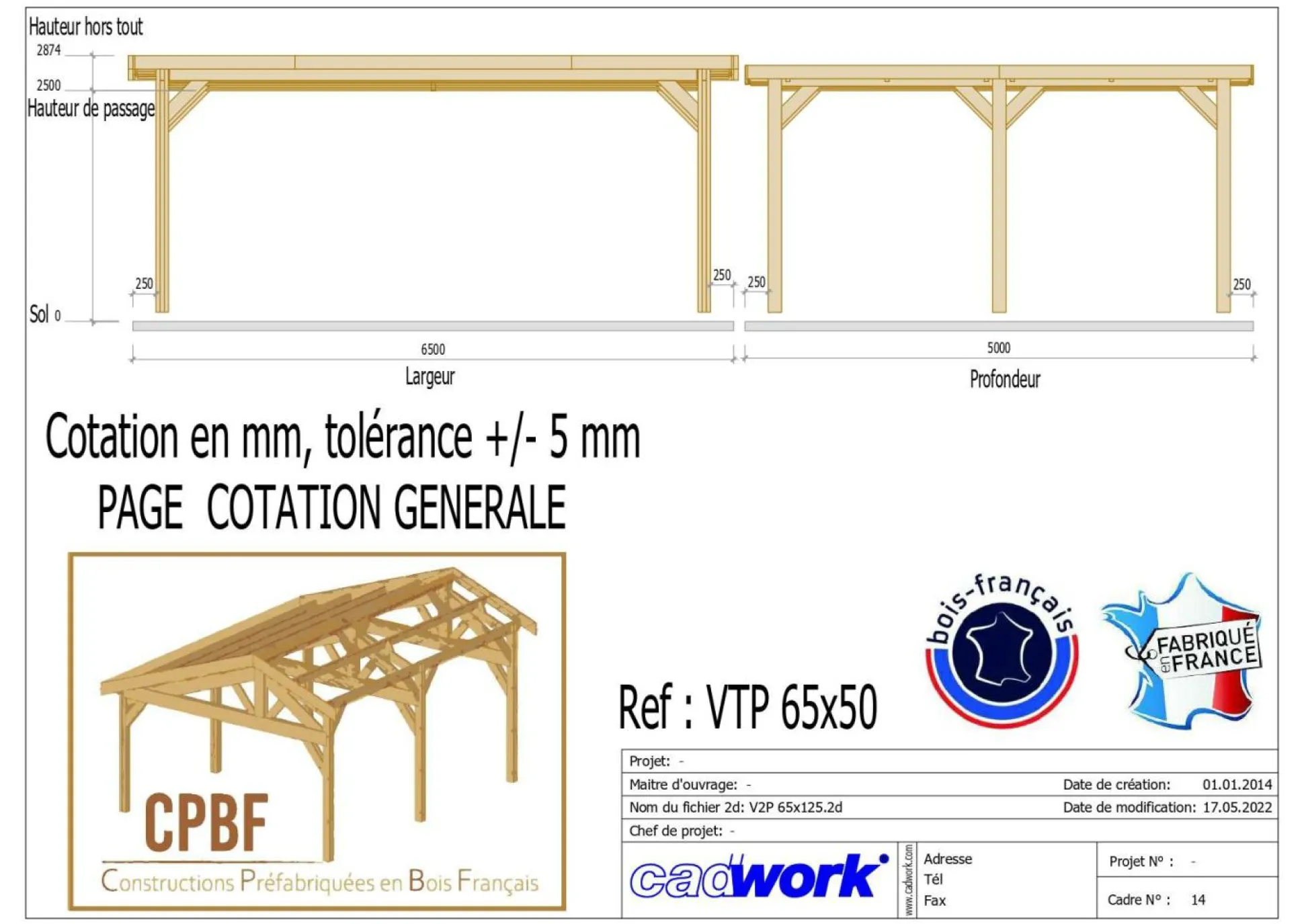 CPBF-CHARPENTES Abri Toit Plat pour Voiture Île de France en Bois - 650 x 500 cm