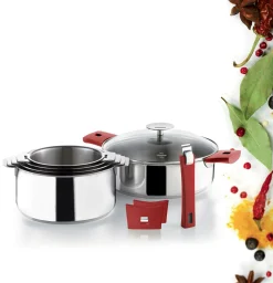 CRISTEL Set 3 casseroles Mutine avec poignée amovible framboise