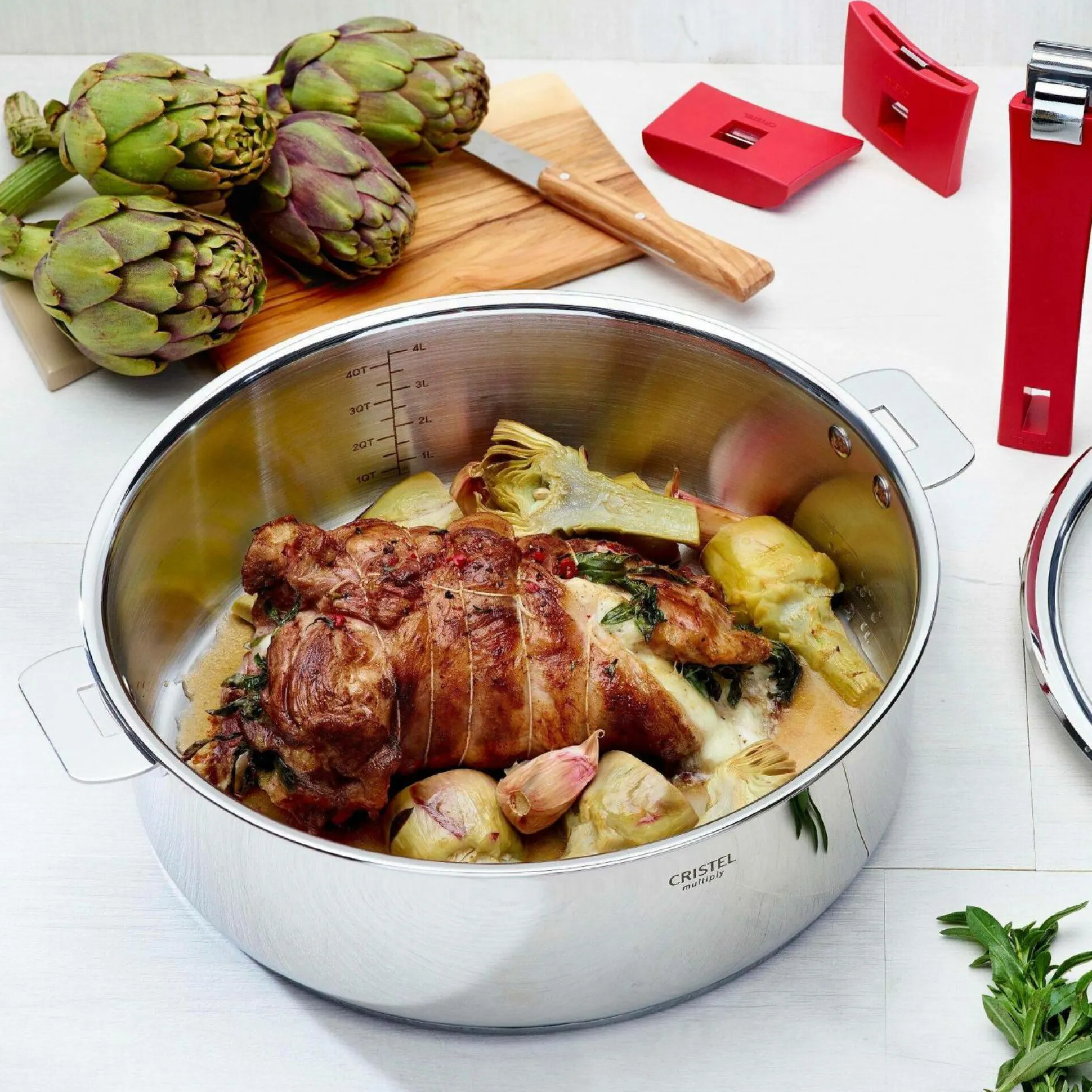 CRISTEL Set sauteuse inox Mutine 24 cm avec couvercle et poignée amovible framboise