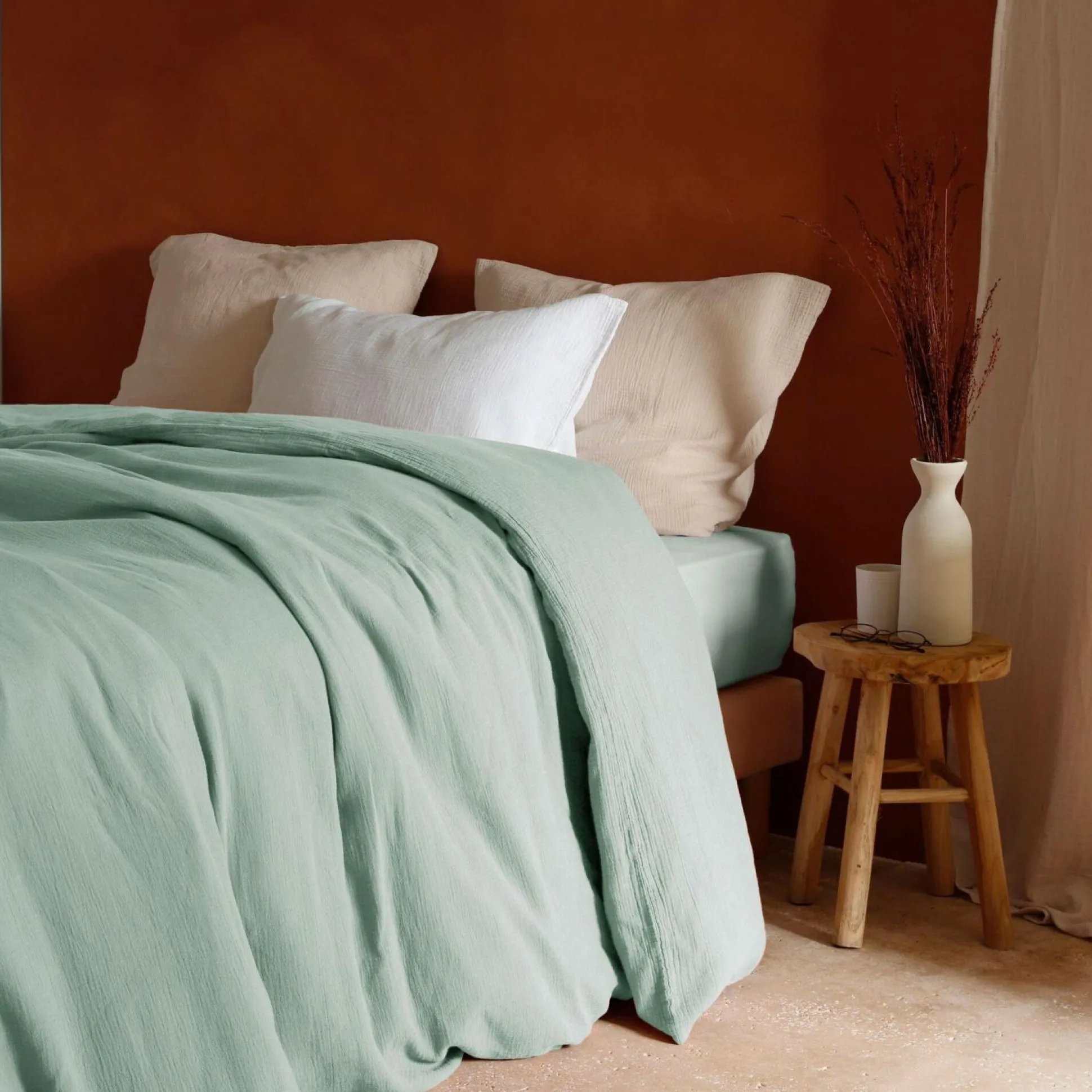 Drap housse gaze de coton bio Lou - Vert d'eau - 140 x 190 cm