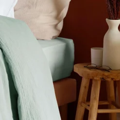 Drap housse gaze de coton bio Lou - Vert d'eau - 140 x 190 cm