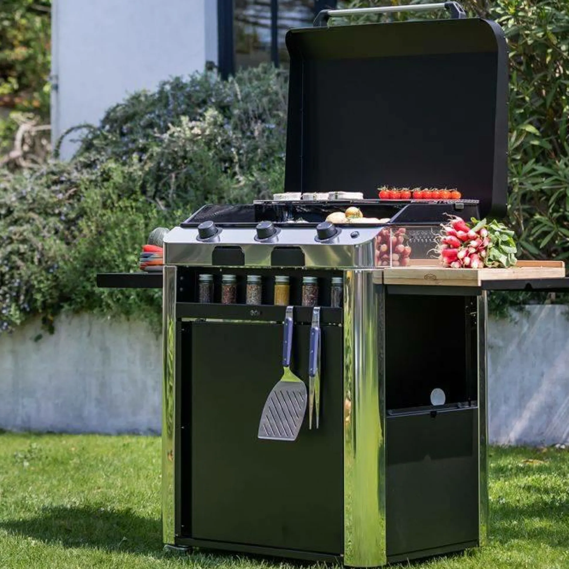 ENO Ensemble Plancha Fusion Gaz 75, et Chariot en Acier - Acier Gris/Inox