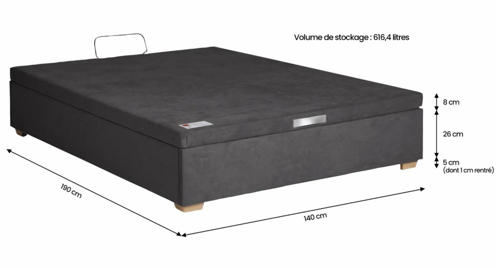 EPEDA Sommier coffre 34 cm Hercule - Gris Béton - 140 x 190 cm