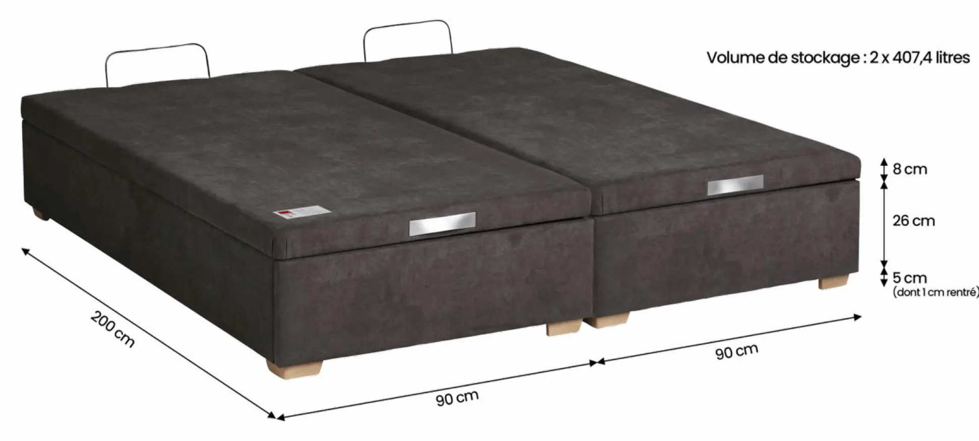 EPEDA Sommier coffre 34 cm Hercule - Gris Béton - 2 x 90 x 200 cm