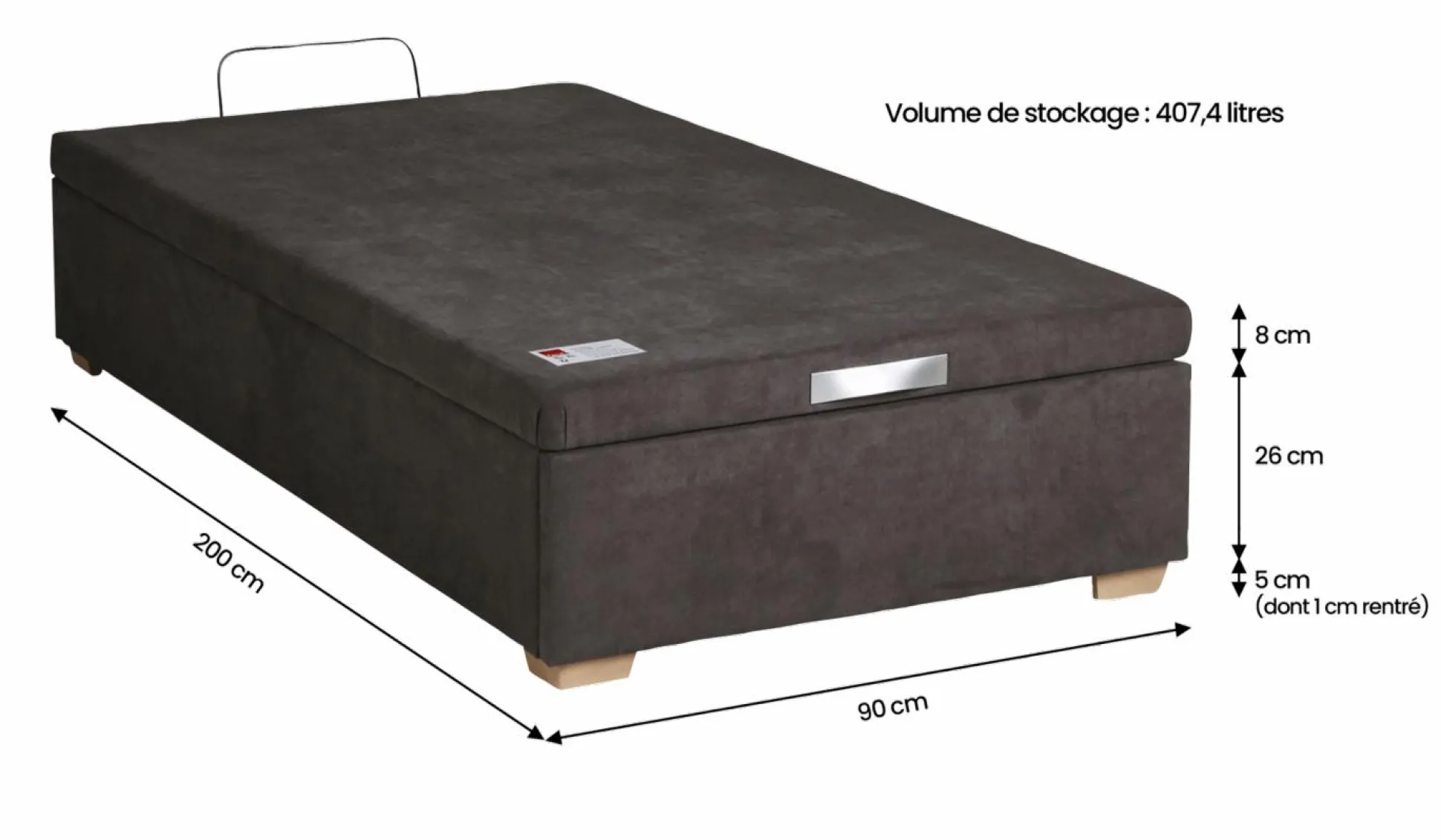 EPEDA Sommier coffre 34 cm Hercule - Gris Béton - 90 x 200 cm