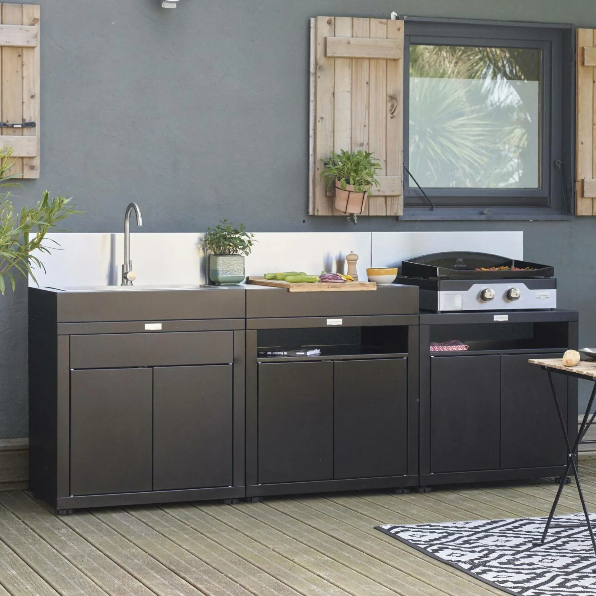 LE MARQUIER Cuisine d'Extérieur 3 Éléments avec Crédence en Acier Noir - Noir