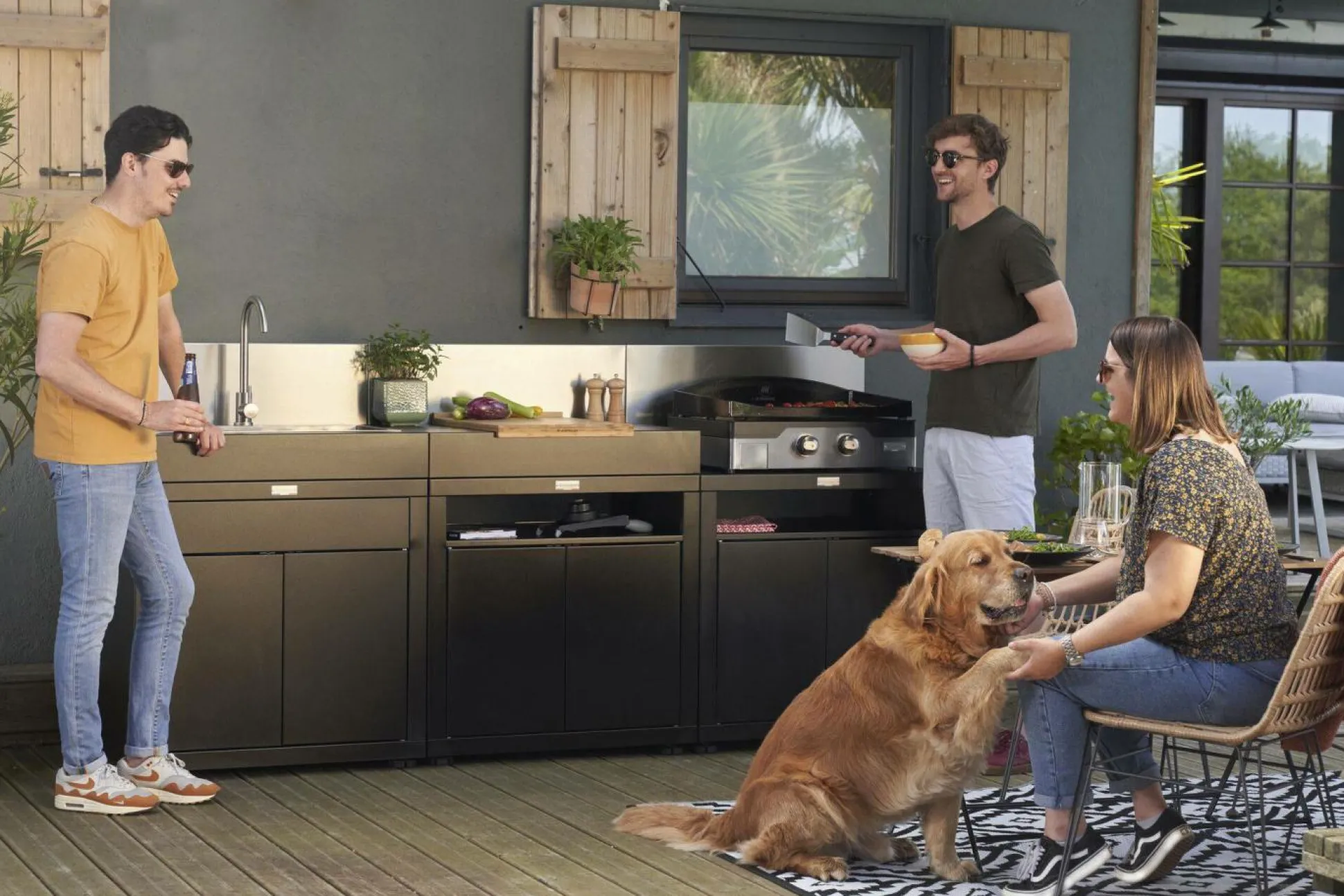 LE MARQUIER Cuisine d'Extérieur 3 Éléments avec Crédence en Acier Noir - Noir