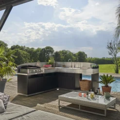 LE MARQUIER Cuisine d'Extérieur en Angle 5 Éléments avec Crédence en Acier Noir - Noir