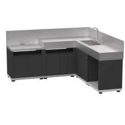 LE MARQUIER Cuisine d'Extérieur en Angle 5 Éléments avec Crédence en Acier Noir - Acier Noir/Inox