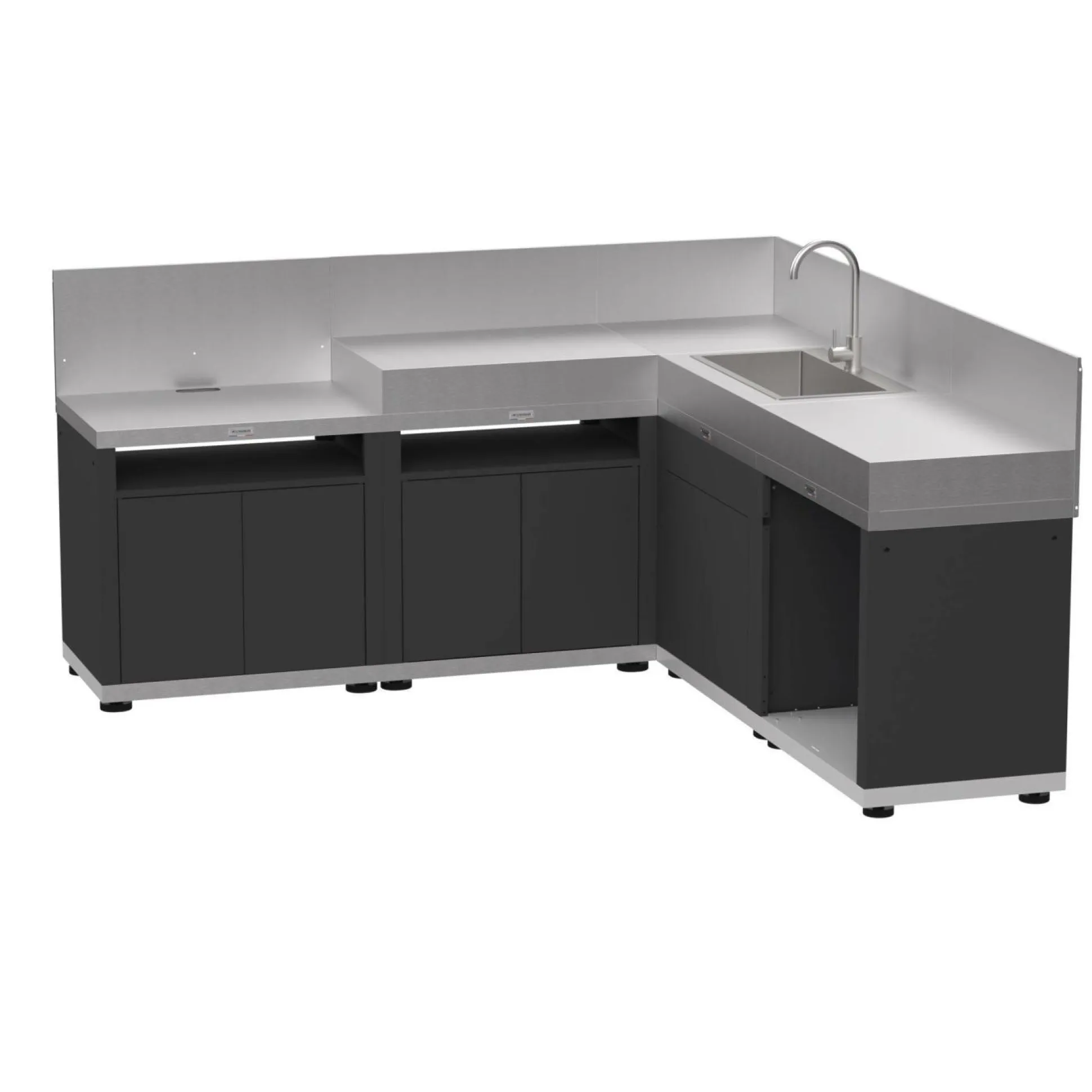 LE MARQUIER Cuisine d'Extérieur en Angle 5 Éléments avec Crédence en Acier Noir - Acier Noir/Inox