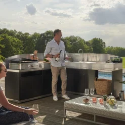 LE MARQUIER Cuisine d'Extérieur en Angle 5 Éléments avec Crédence en Acier Noir - Acier Noir/Inox