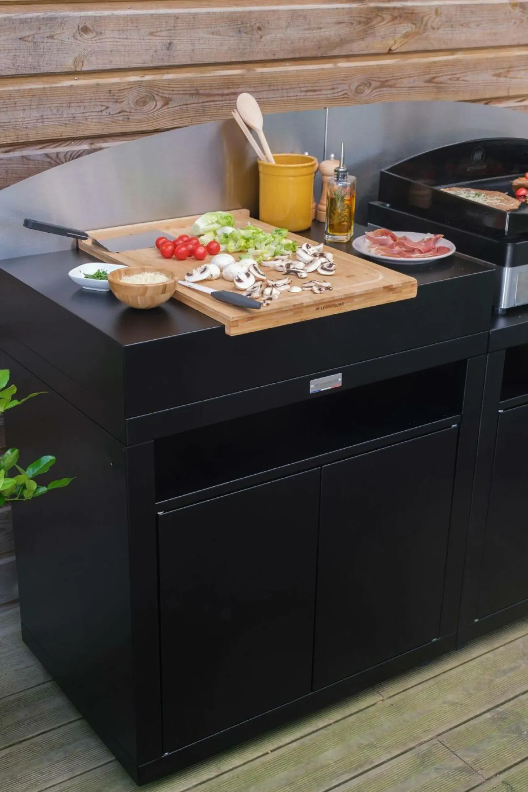 LE MARQUIER Cuisine d'Extérieur 2 Éléments avec Crédence en Acier Noir - Noir