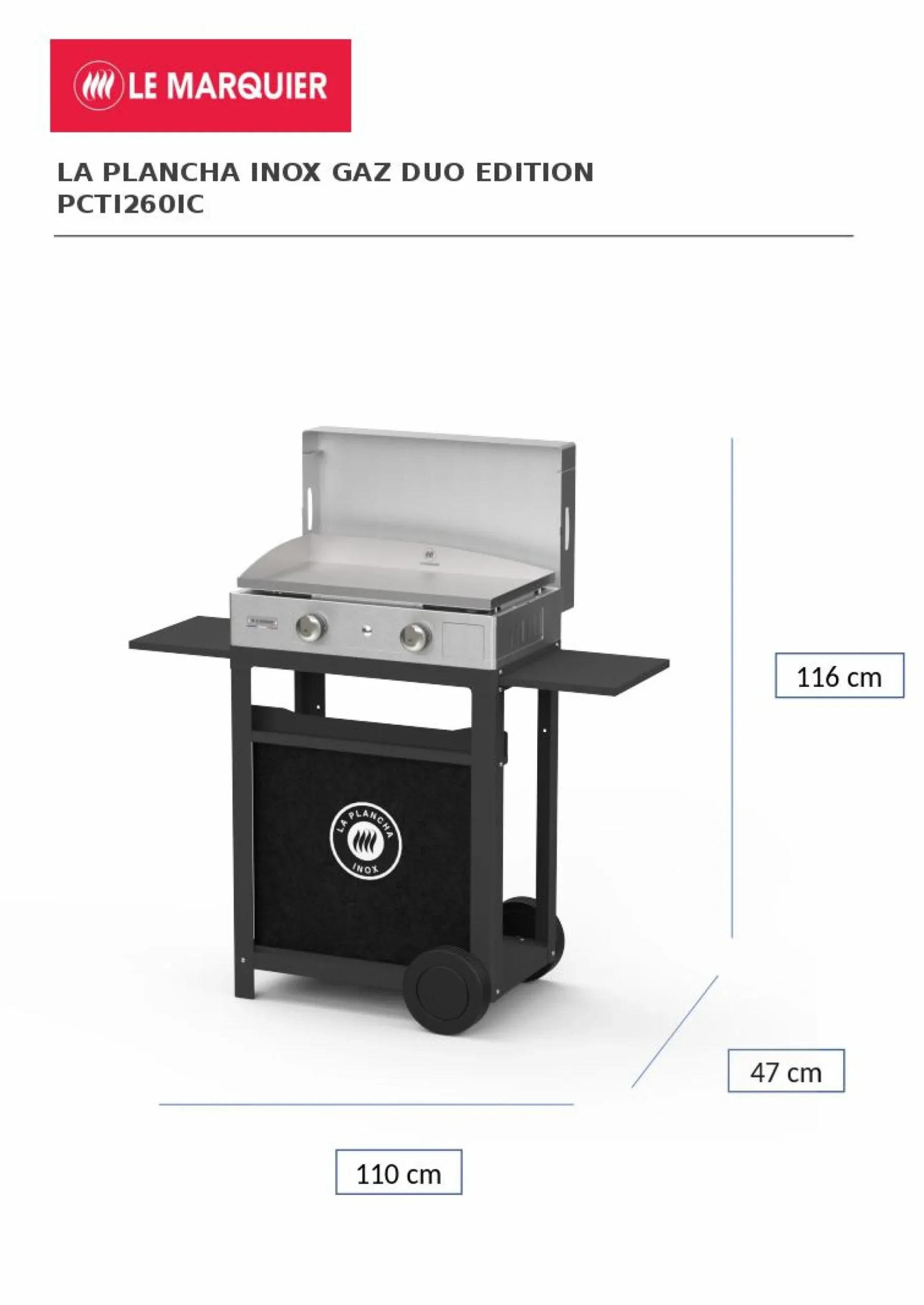 LE MARQUIER Ensemble Plancha, Chariot et Couvercle La Plancha Inox Gaz 260