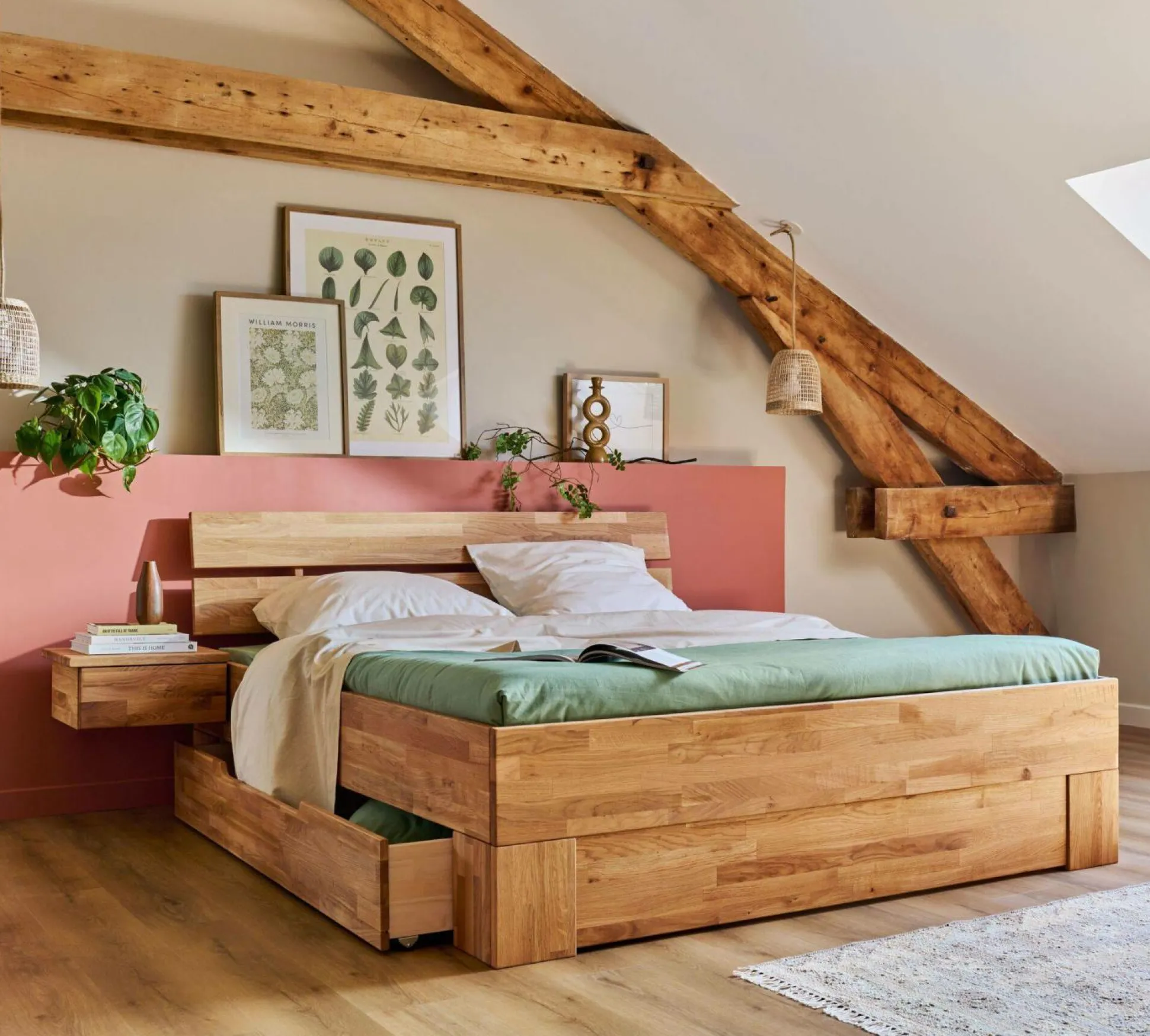 Lit avec tête de lit et rangement en option chêne massif Charly - 180 x 200 cm