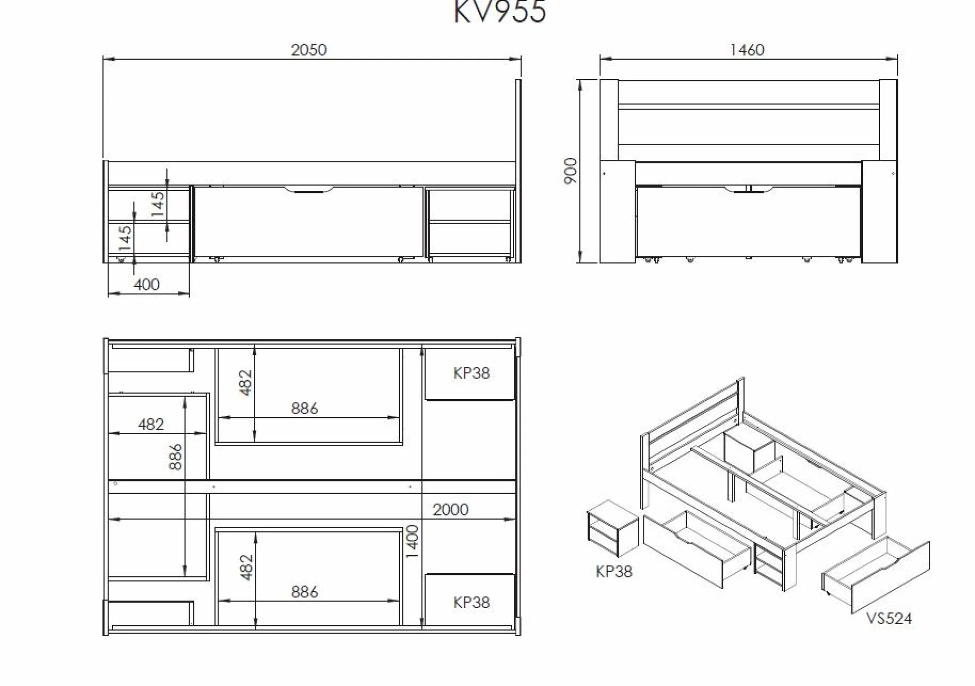 Lit rangement bois massif Tara - Miel - 140 x 200 cm