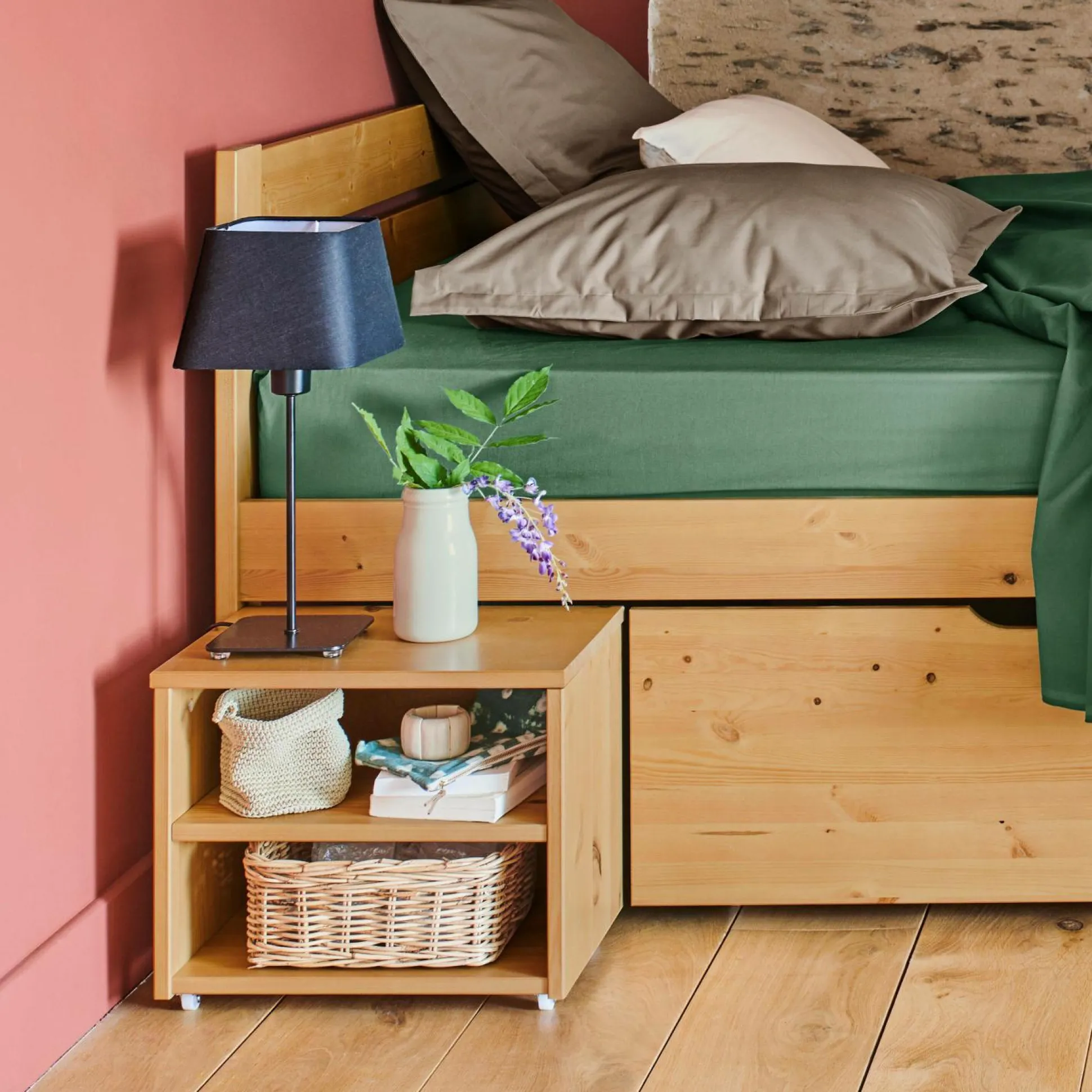 Lit rangement bois massif Tara - Miel - 140 x 200 cm