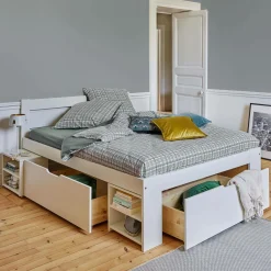 Lit rangement bois massif Tara - Blanc - 140 x 200 cm