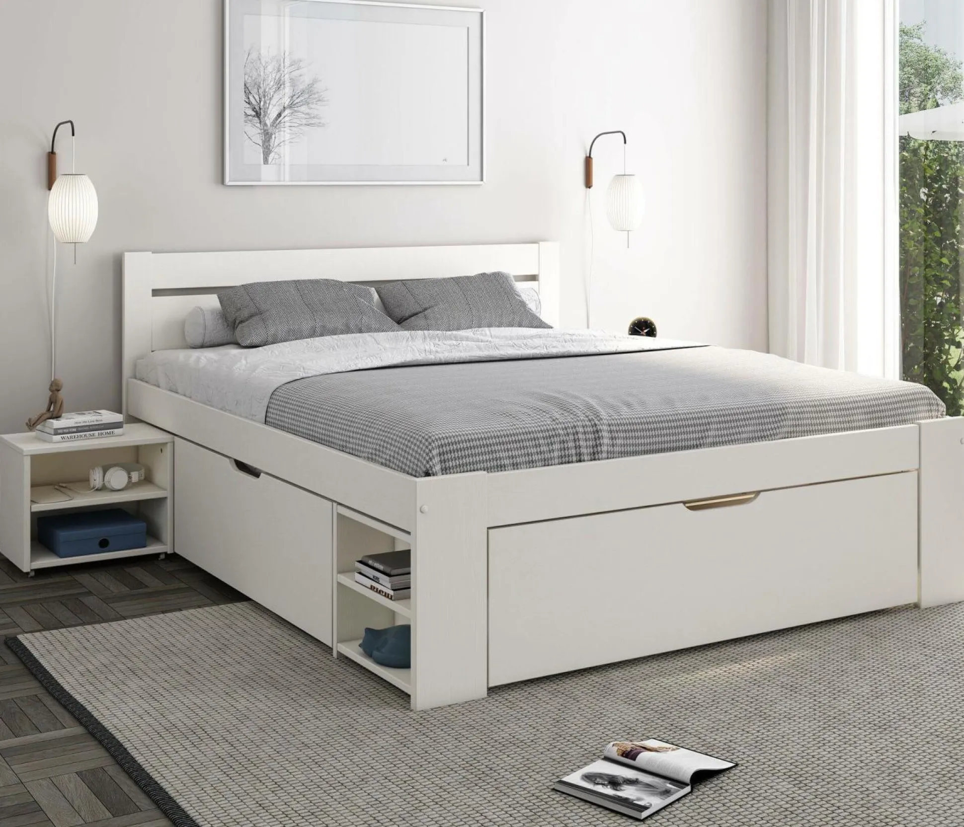 Lit rangement bois massif Tara - Blanc - 140 x 200 cm