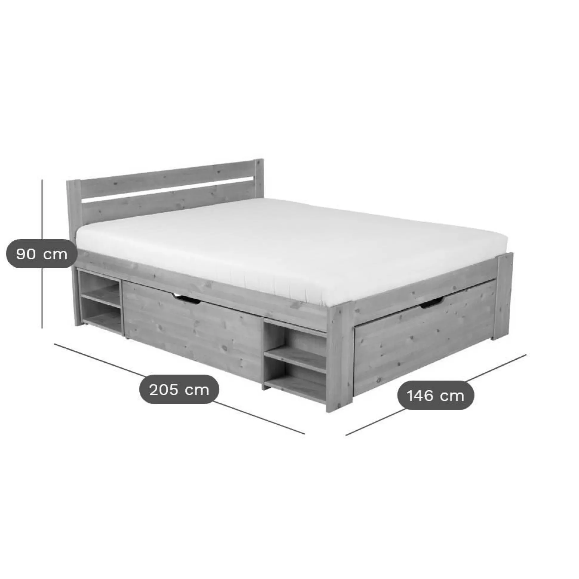 Lit rangement bois massif Tara - Blanc - 140 x 200 cm