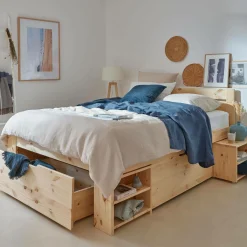 Lit rangement bois massif Tara - Naturel - 160 x 200 cm