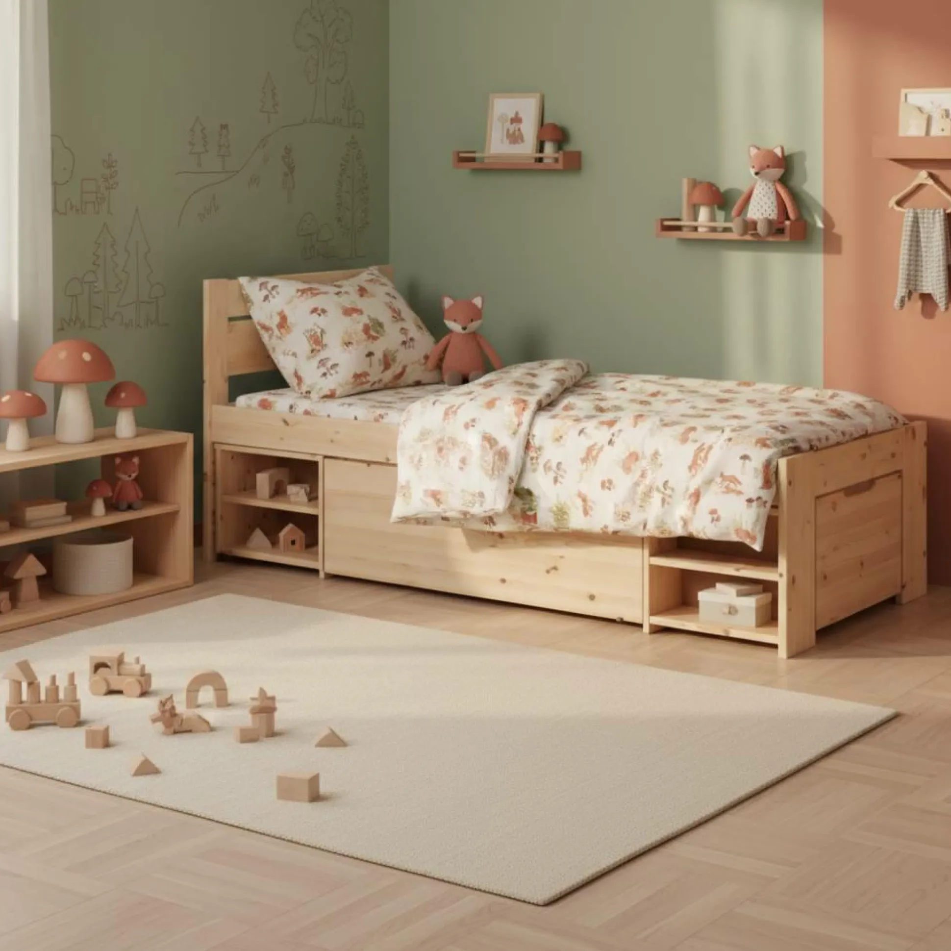 Lit rangement enfant bois massif Tara - Naturel - 90 x 200 cm