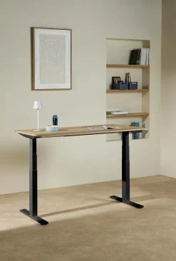 MAKIBA Bureau électrique assis-debout ergonomique Marley - Plateau Bois Clair/Pieds Noirs - 120 x 70 cm