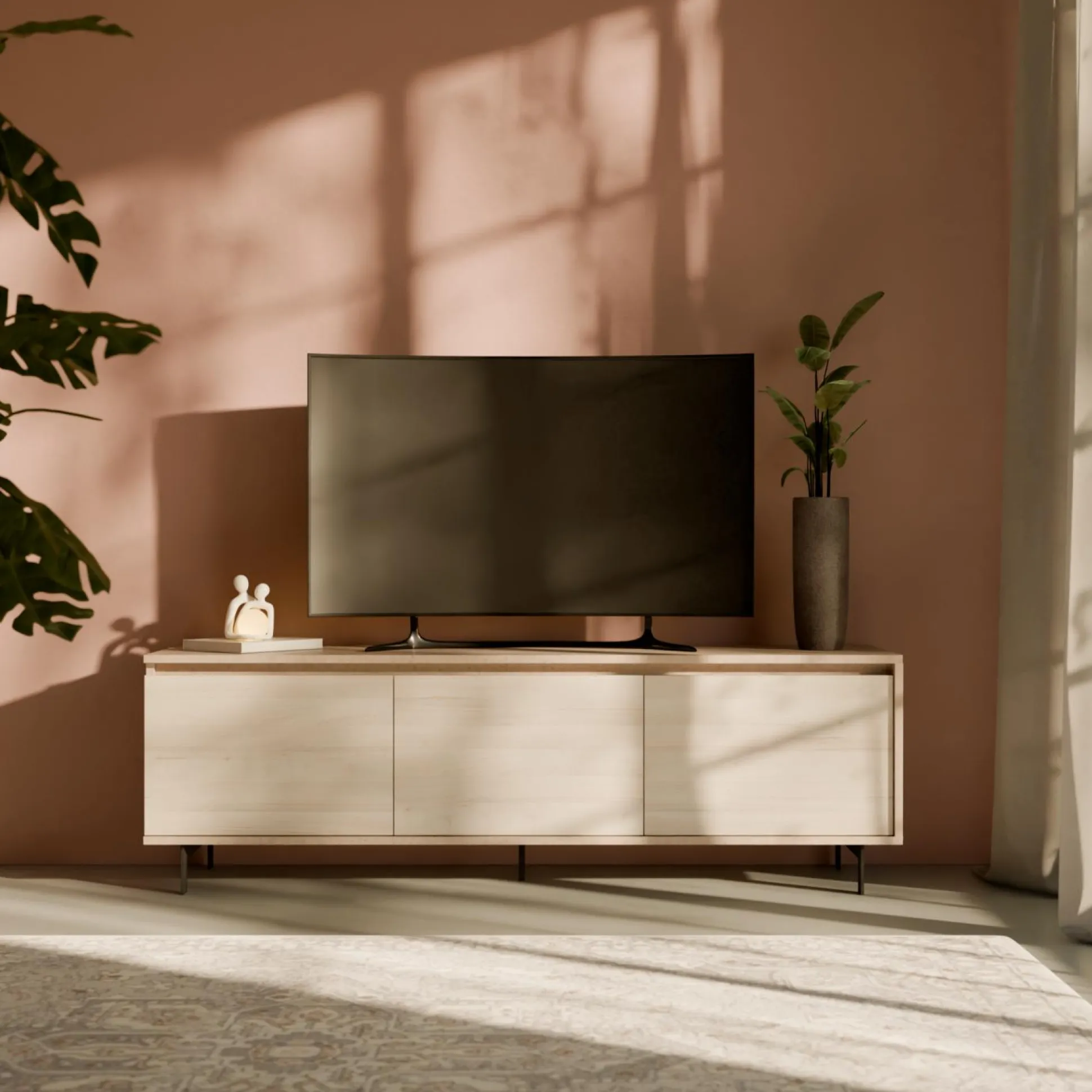 Meuble TV 3 portes décor bois Gustavo - Gris minéral/Frêne